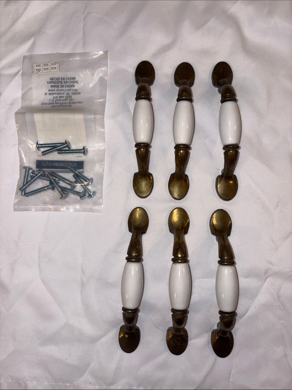 Vintage White Ceramic Antique Brass Cabinet Arch Pull Handles Set of 6